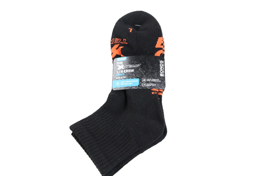 Bonds Kids X-Temp Quarter Crew Socks 3 Pack - Black/Orange