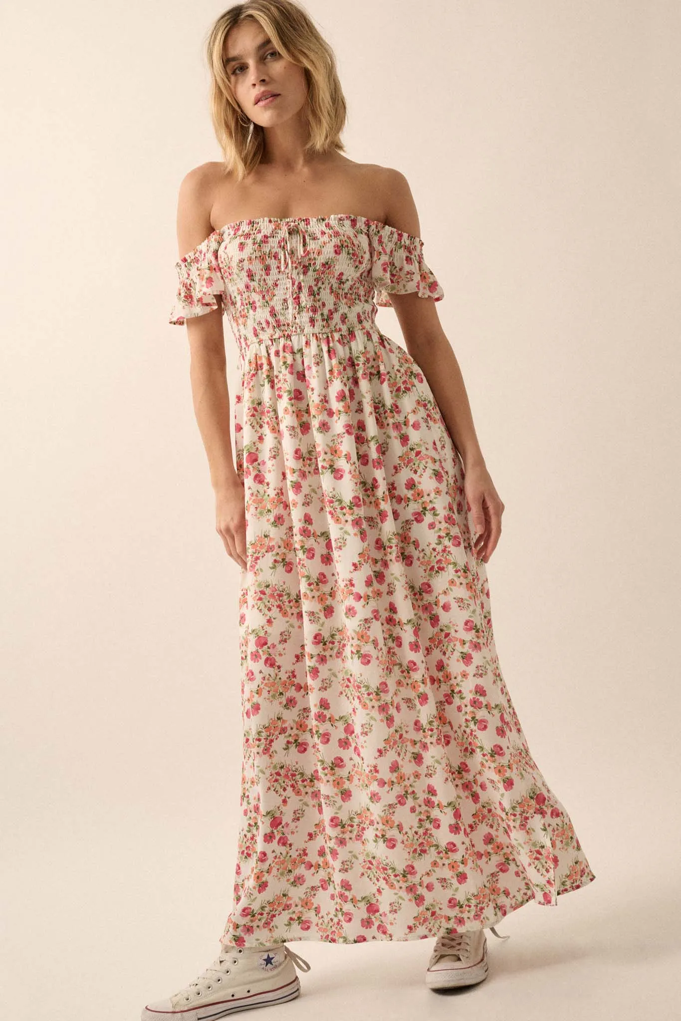 Budding Love Smocked Floral Off-Shoulder Maxi Dress