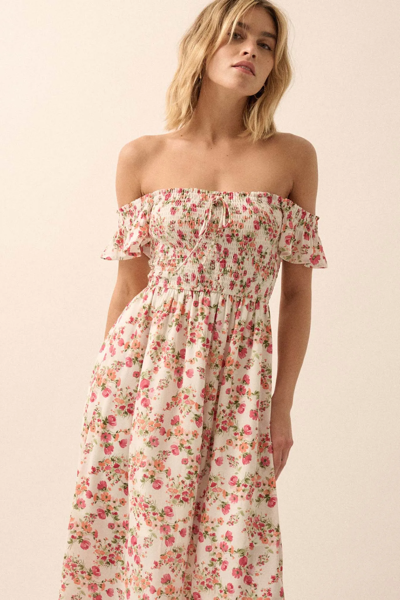 Budding Love Smocked Floral Off-Shoulder Maxi Dress