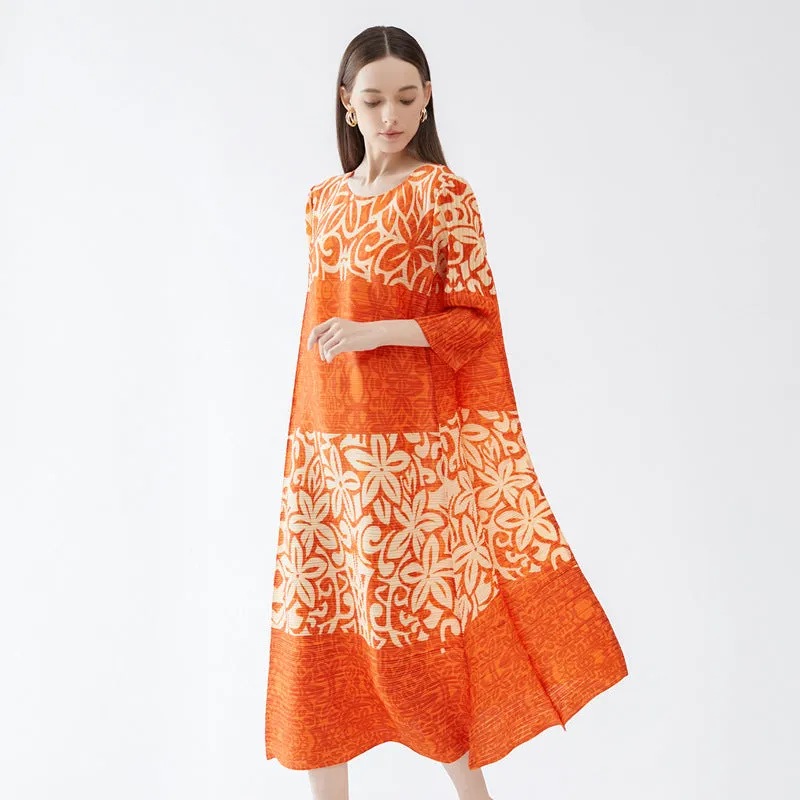 Casual Floral Printed Even Round Neck Loose Pleated Long Dresses Wholesale Dresses