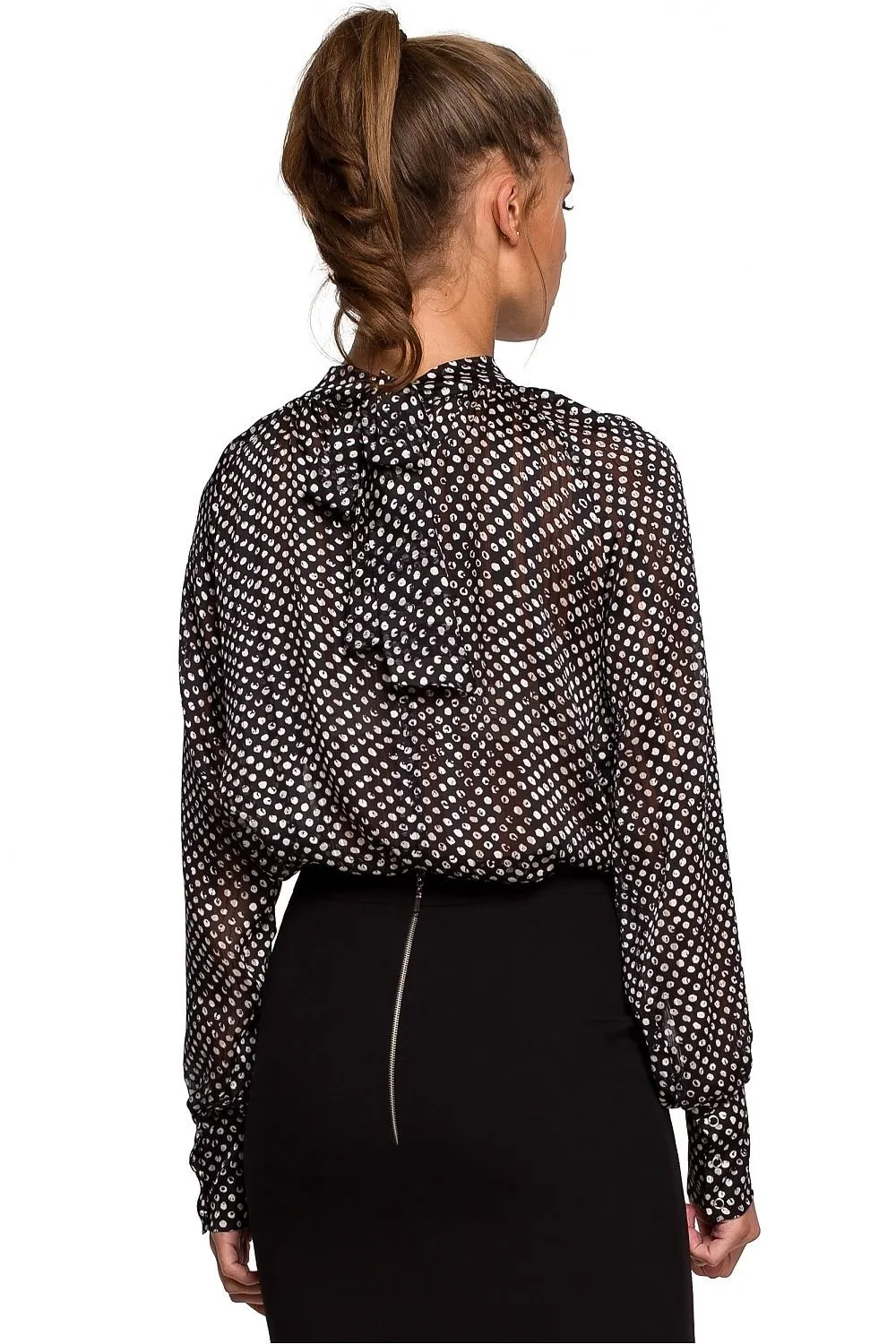 Chic Chiffon Blouse with Striped and Dotted Design and Back Tie