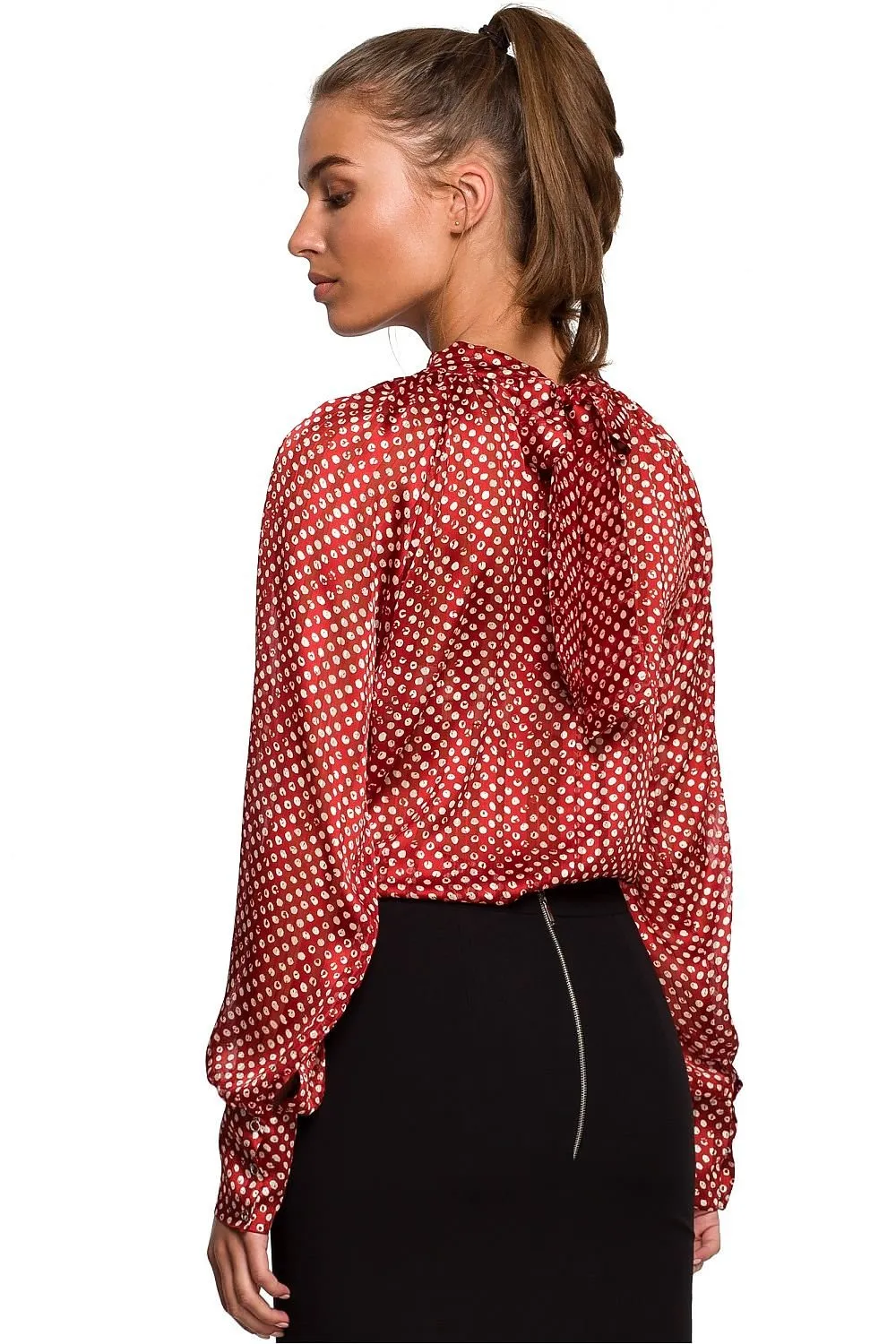 Chic Chiffon Blouse with Striped and Dotted Design and Back Tie