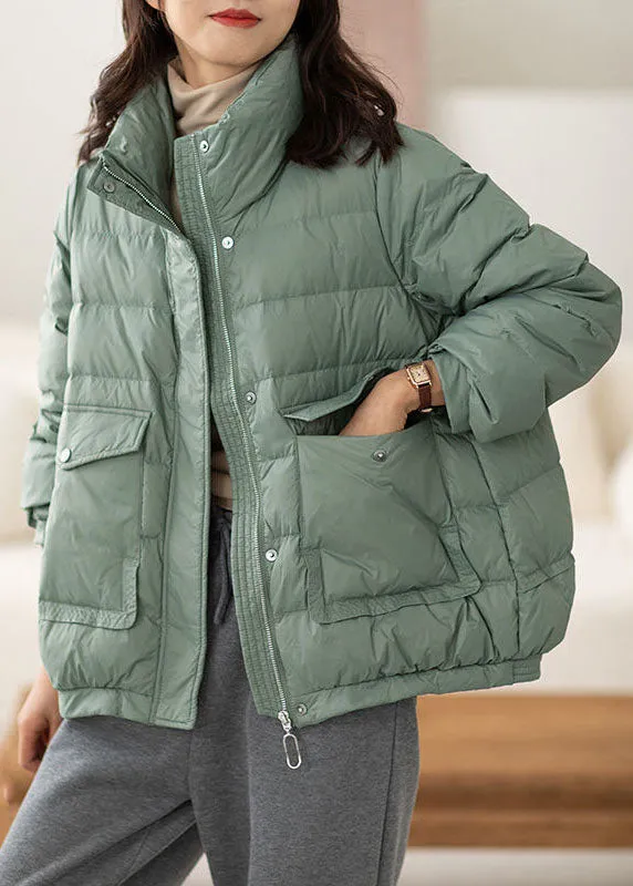 Chic Light Green Stand Collar Zip Up Pockets Duck Down Puffers Jackets Winter