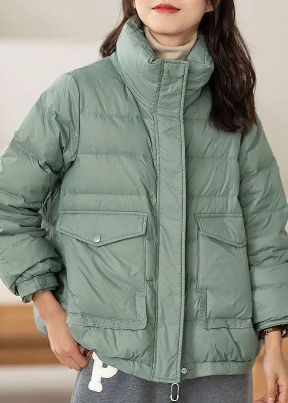 Chic Light Green Stand Collar Zip Up Pockets Duck Down Puffers Jackets Winter