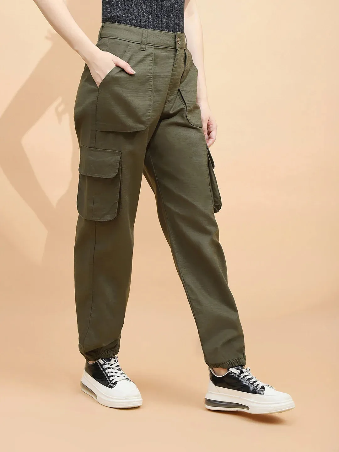 Dark Olive Cotton Straight Relaxed Fit Jogger For Women