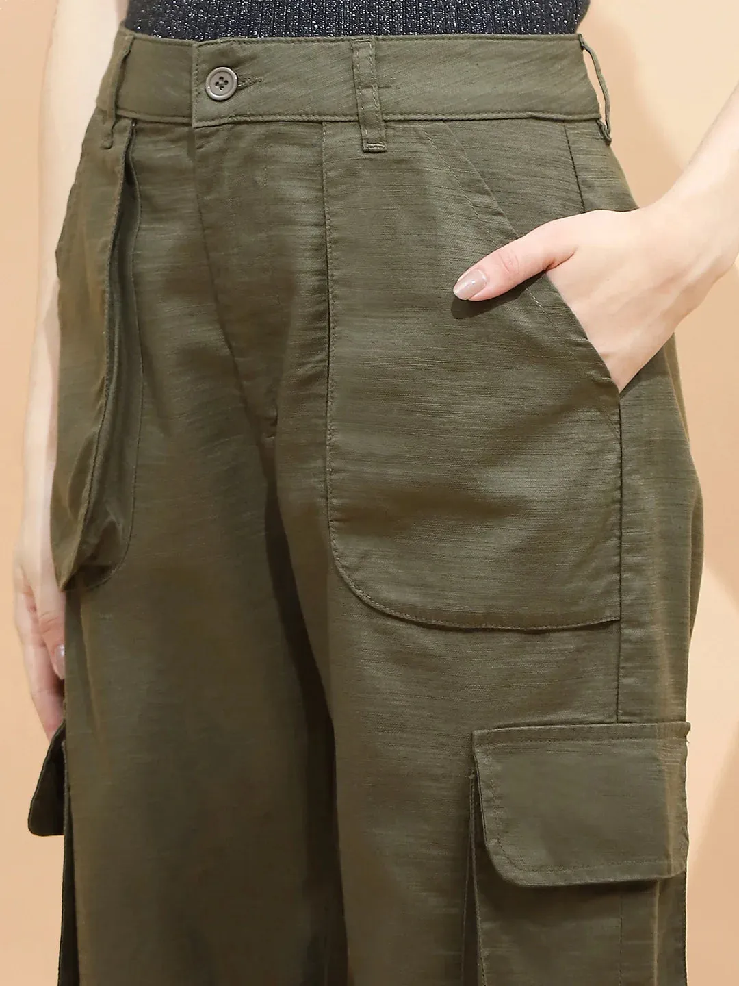 Dark Olive Cotton Straight Relaxed Fit Jogger For Women