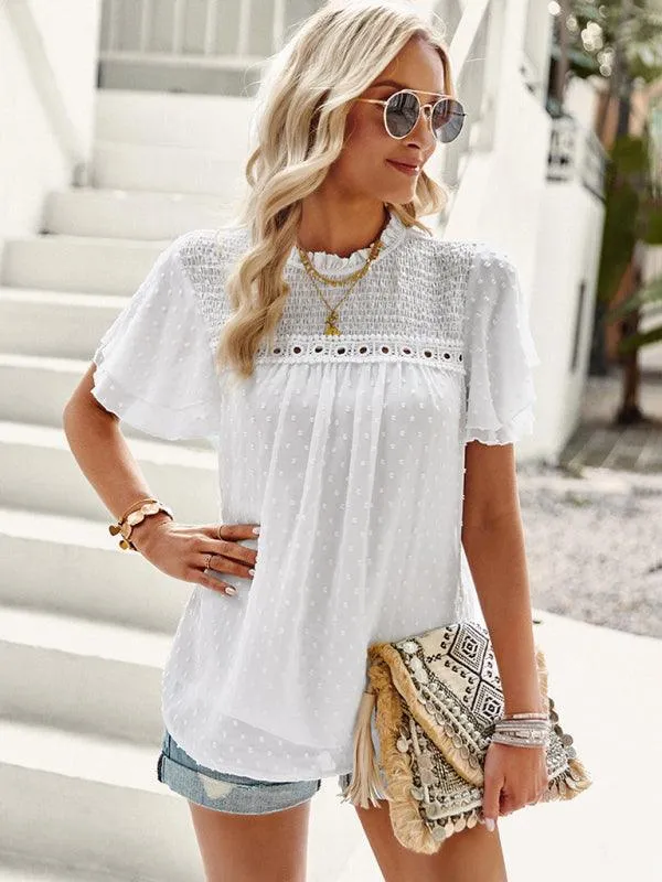 Elegant Jacquard Short Sleeve Blouse - Stylish Women's Office Attire