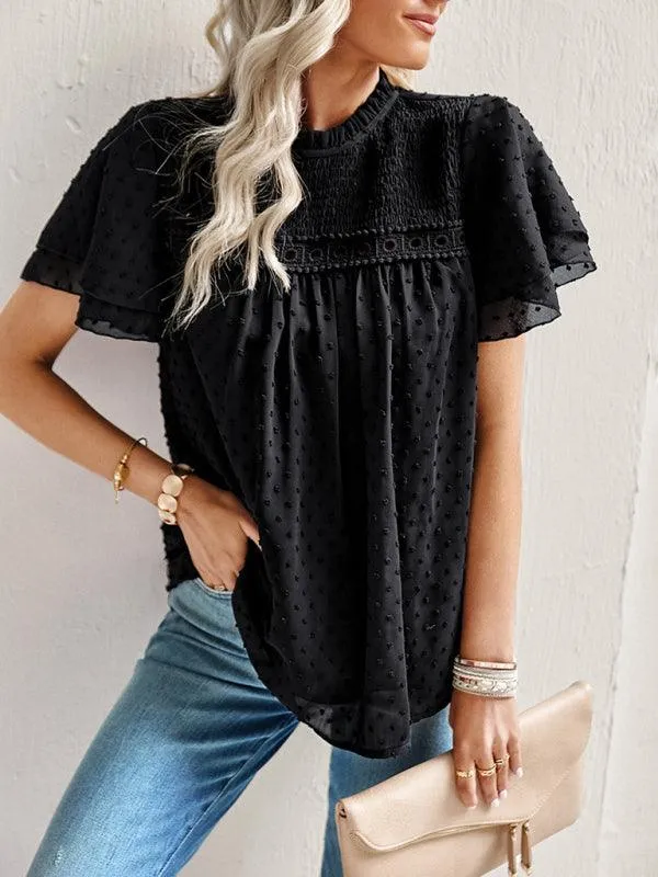 Elegant Jacquard Short Sleeve Blouse - Stylish Women's Office Attire