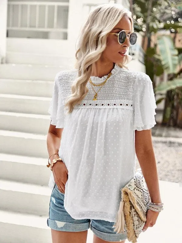 Elegant Jacquard Short Sleeve Blouse - Stylish Women's Office Attire