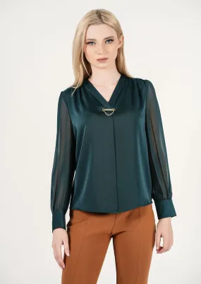 Emerald Enigma: Sheer Sleeve Keyhole Top