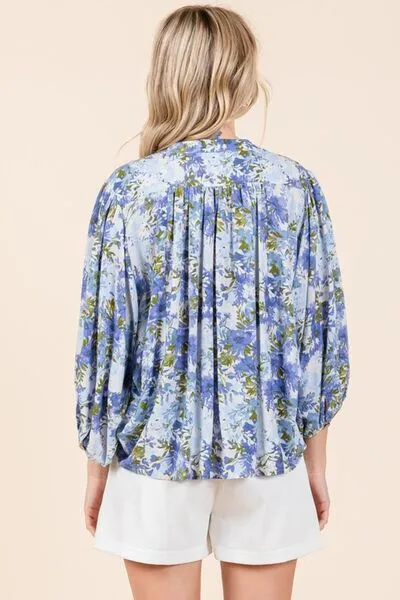 Floral Print Batwing Sleeve Button Down Blouse