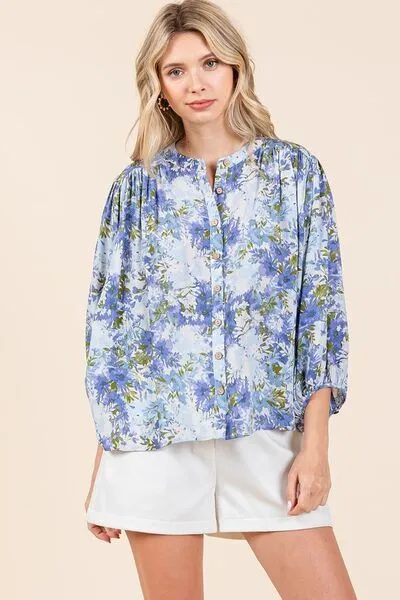 Floral Print Batwing Sleeve Button Down Blouse