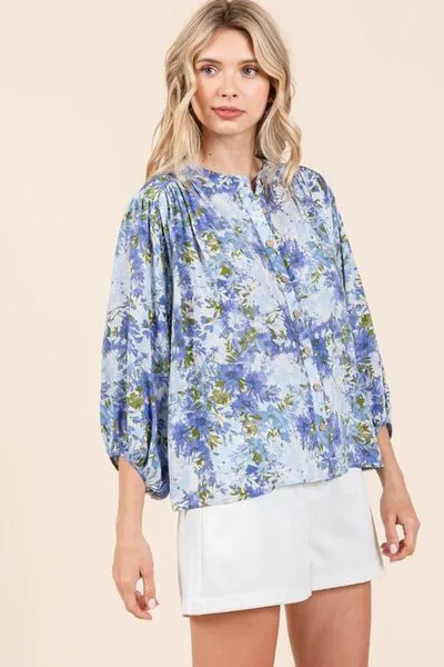 Floral Print Batwing Sleeve Button Down Blouse