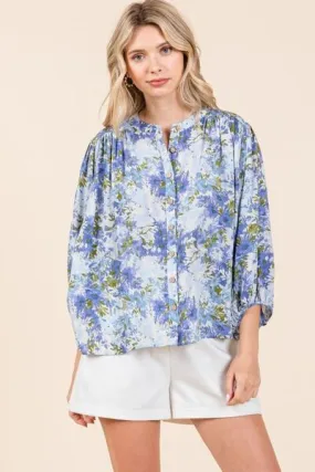 Floral Print Batwing Sleeve Button Down Blouse