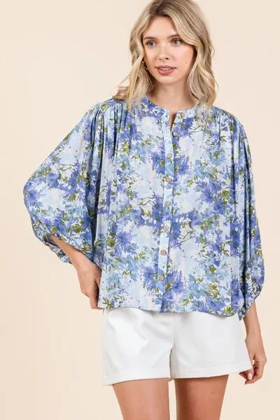 Floral Print Batwing Sleeve Button Down Blouse