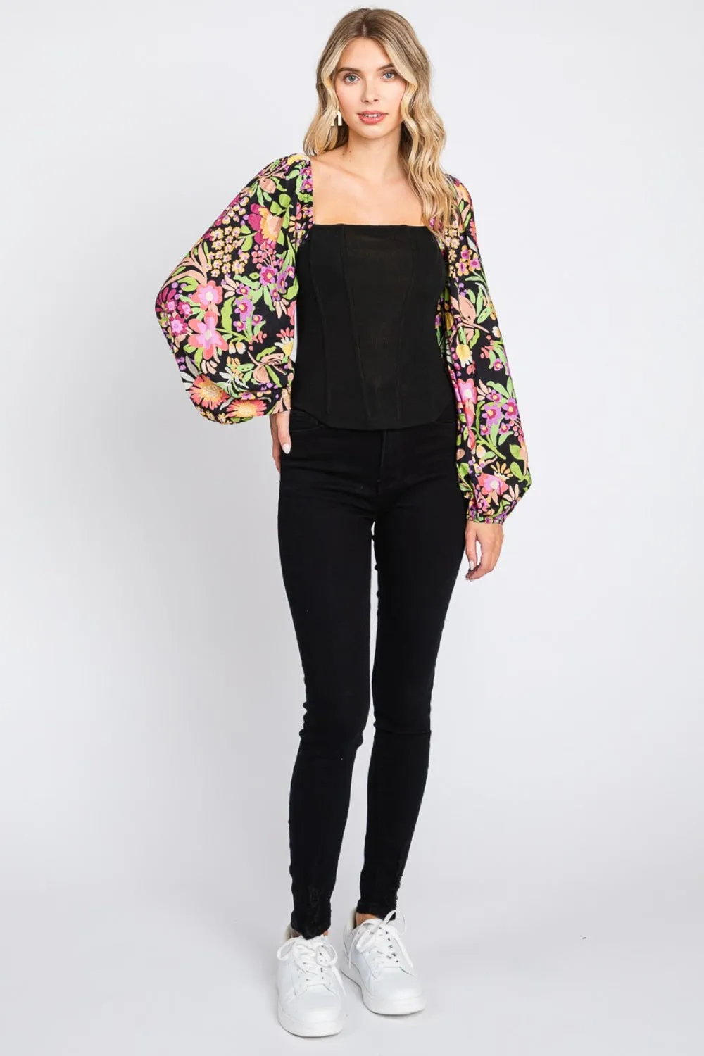 Full Size Floral Balloon Sleeve Blouse