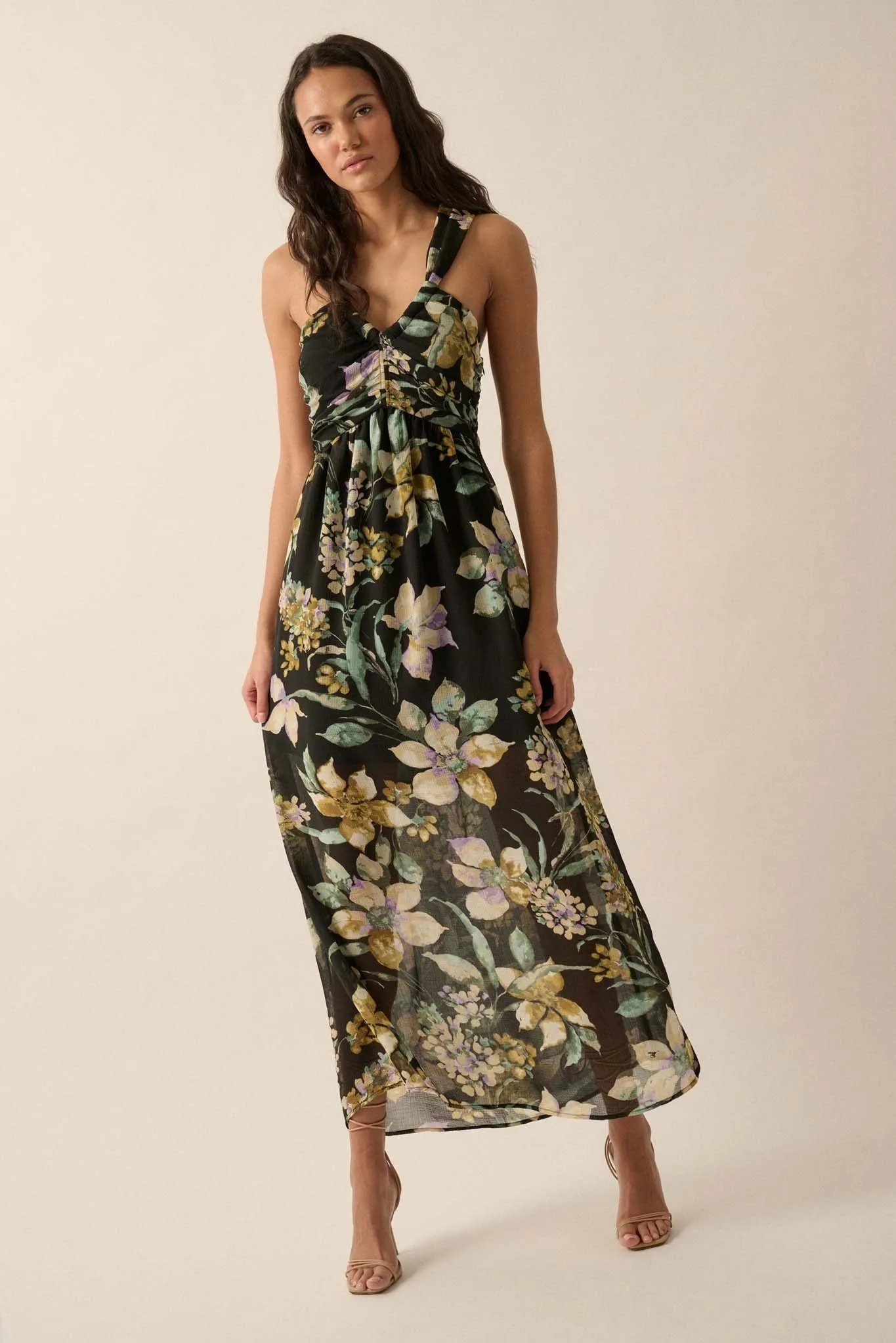 Garden Goddess Floral Chiffon Twist-Back Maxi Dress