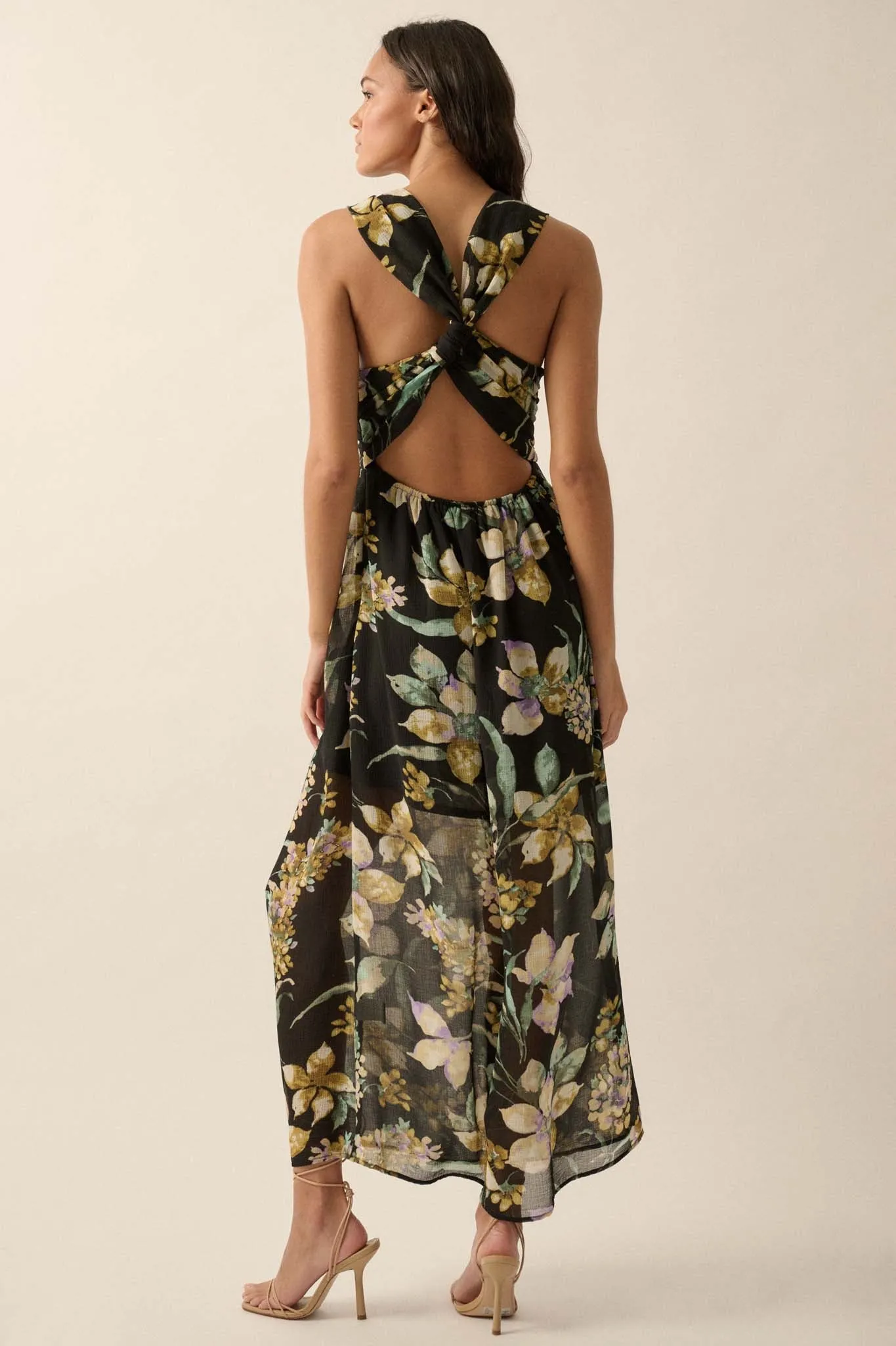 Garden Goddess Floral Chiffon Twist-Back Maxi Dress