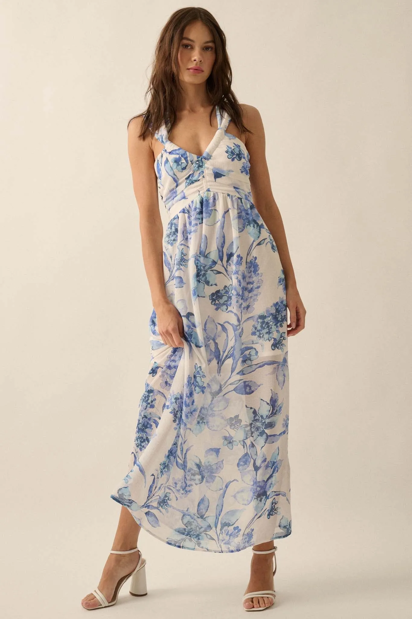 Garden Goddess Floral Chiffon Twist-Back Maxi Dress