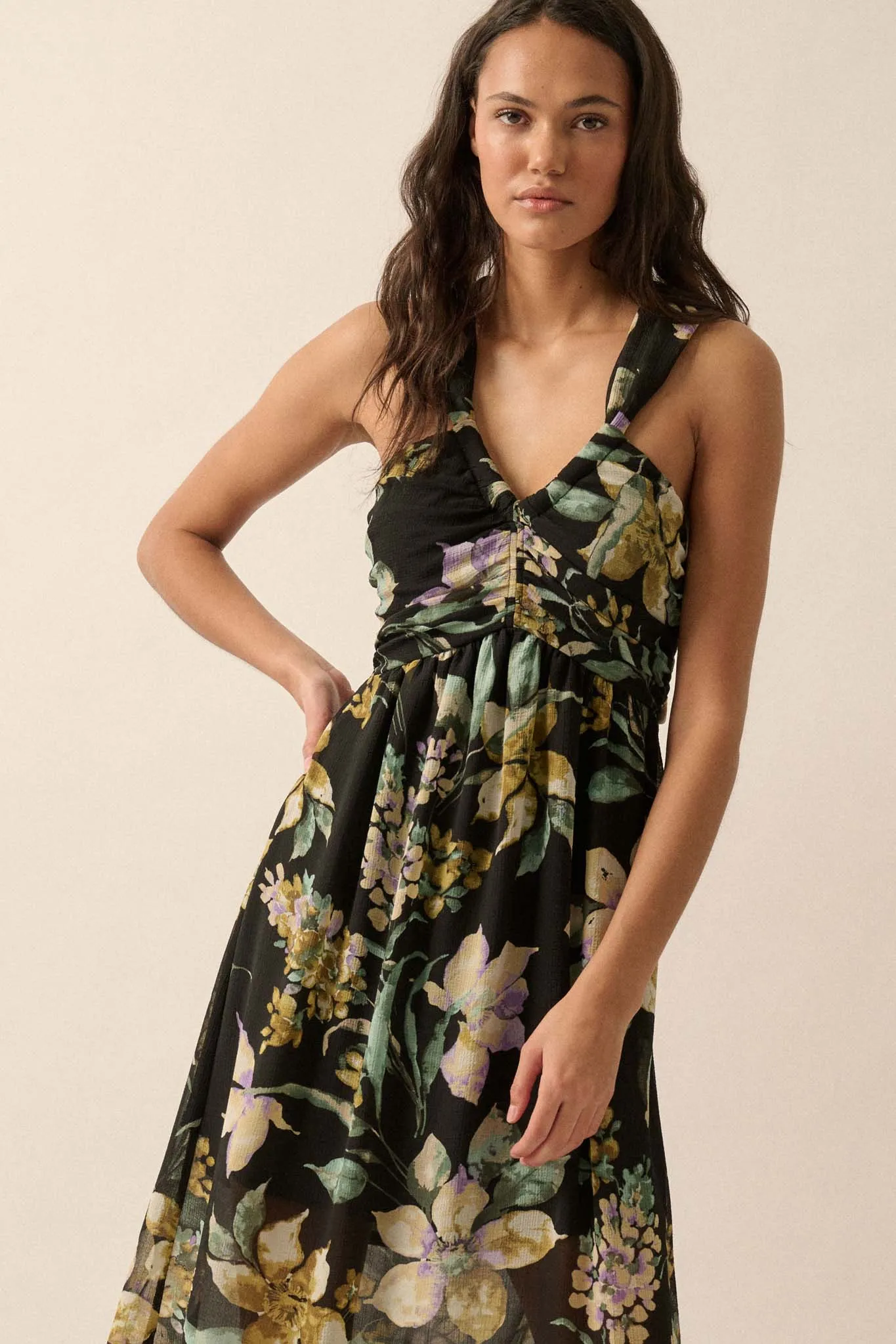 Garden Goddess Floral Chiffon Twist-Back Maxi Dress