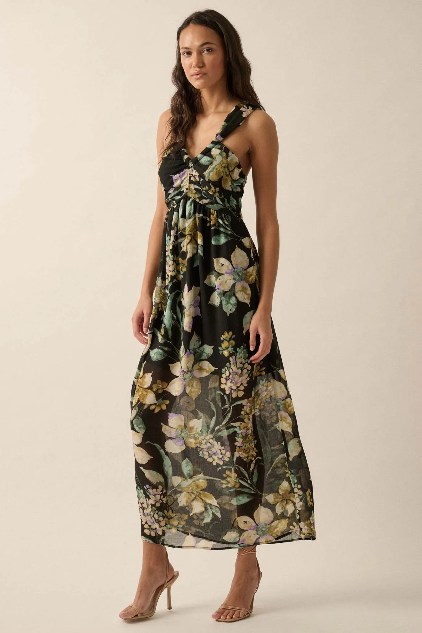 Garden Goddess Floral Chiffon Twist-Back Maxi Dress