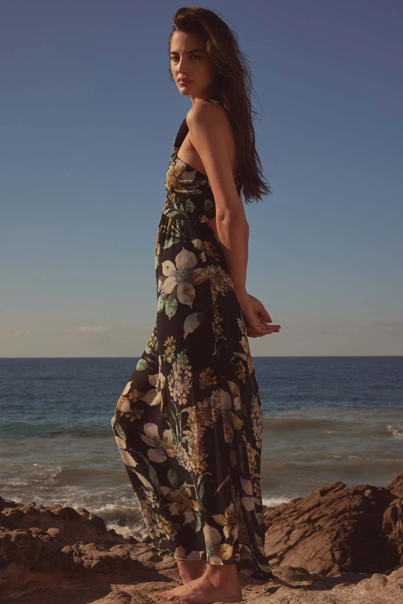 Garden Goddess Floral Chiffon Twist-Back Maxi Dress