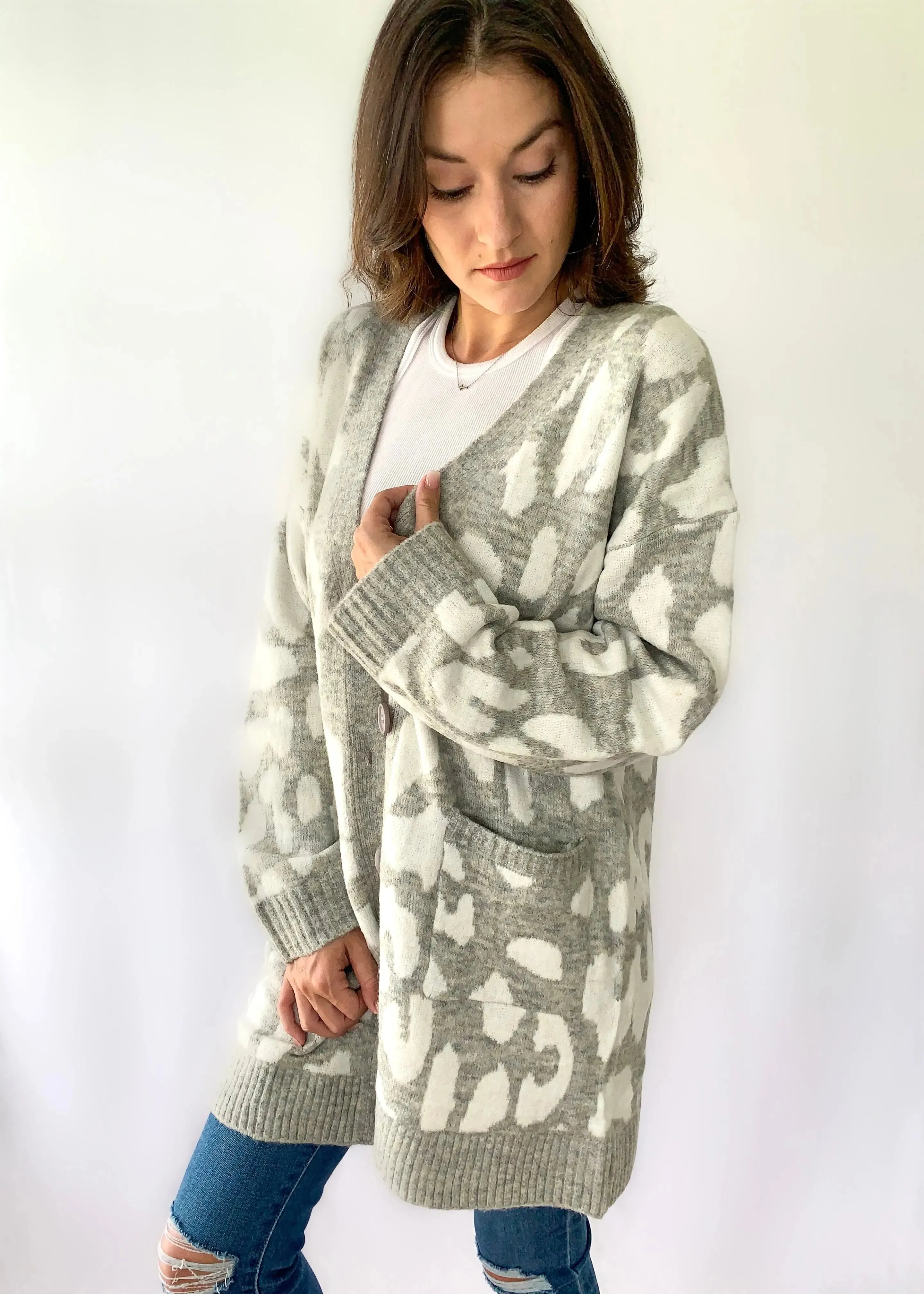 Leopard Print Grey Soft Knit Cardigan