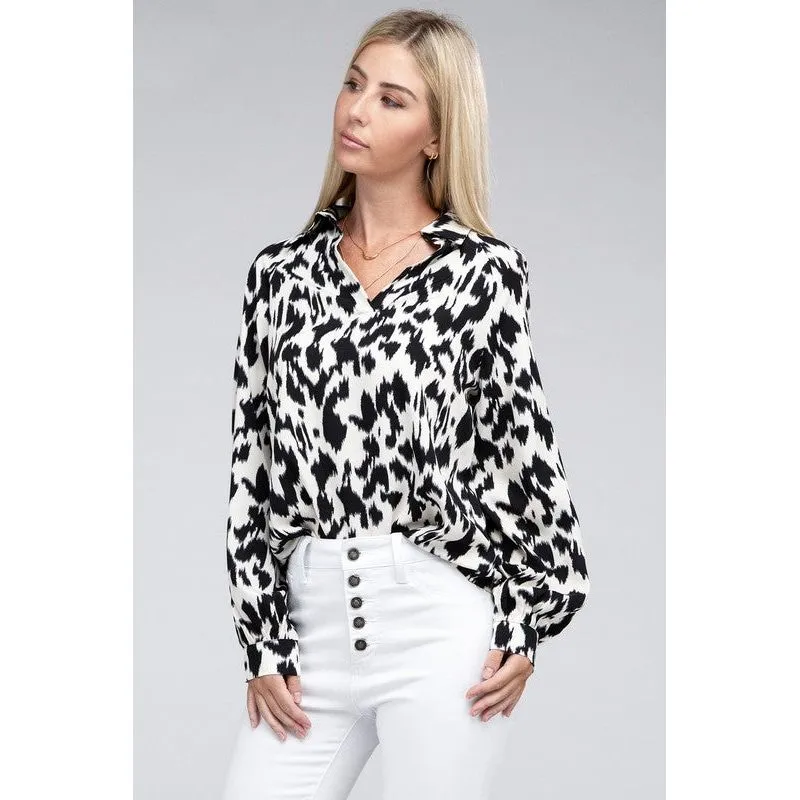 NUVI APPAREL White/Black Printed Buttoned-down Blouse