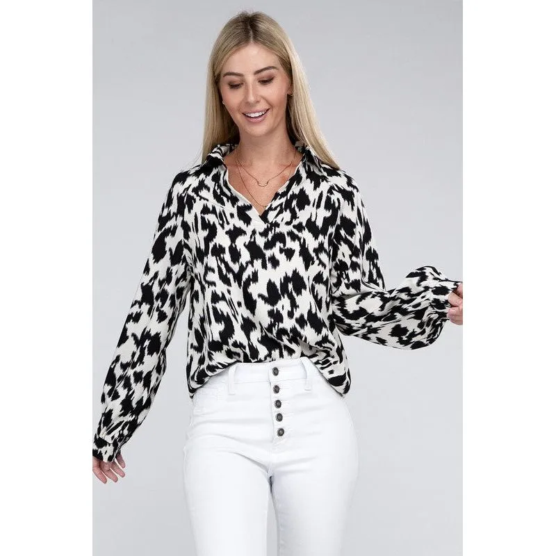 NUVI APPAREL White/Black Printed Buttoned-down Blouse