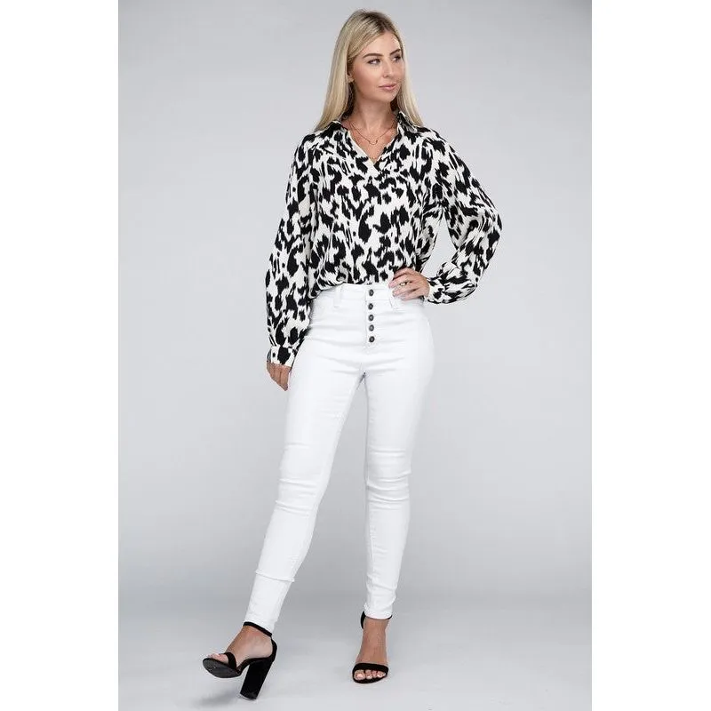 NUVI APPAREL White/Black Printed Buttoned-down Blouse