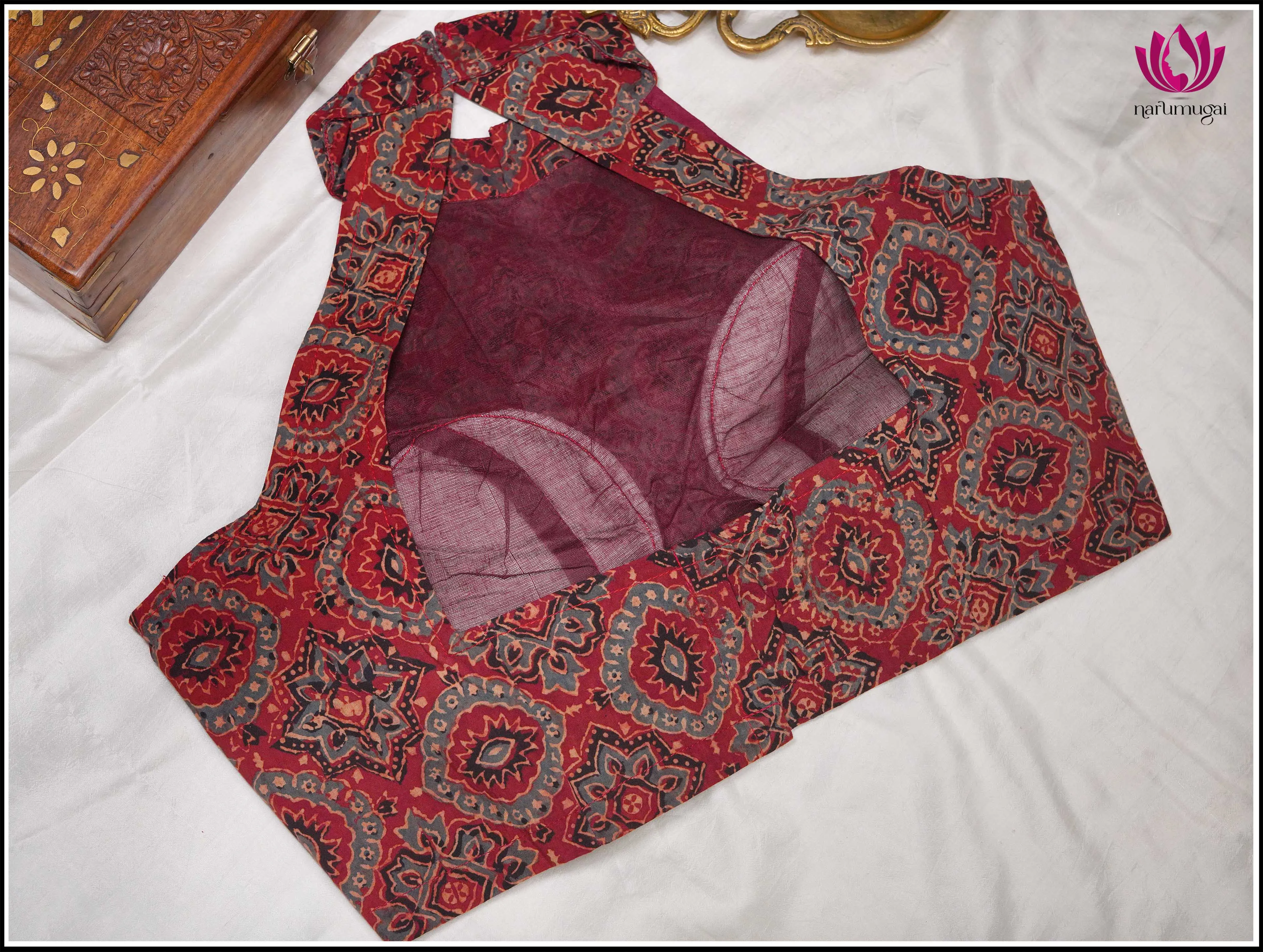 Red Kalamkari Printed Cotton Blouse, Sleeveless, Halter Neck - Size 38