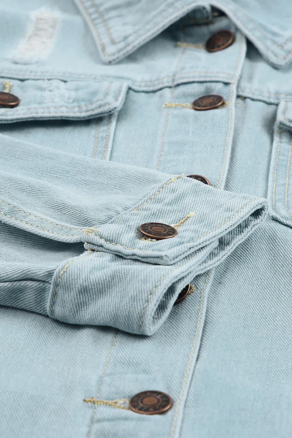 Sky Blue Light Wash Pocketed Distressed Denim Jackets