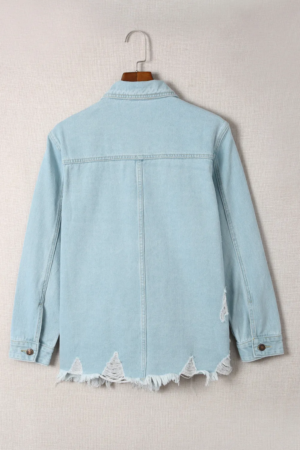 Sky Blue Light Wash Pocketed Distressed Denim Jackets