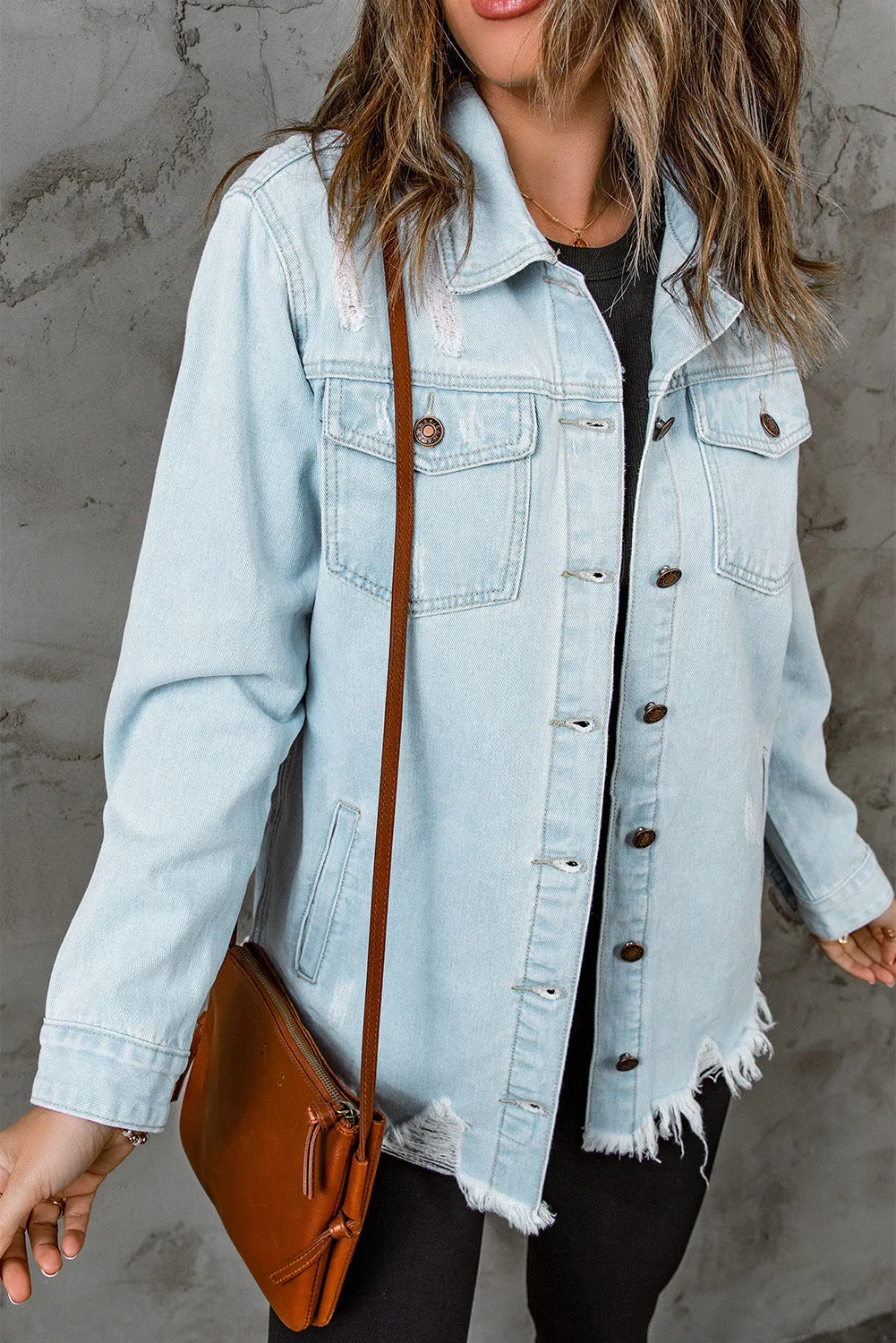 Sky Blue Light Wash Pocketed Distressed Denim Jackets