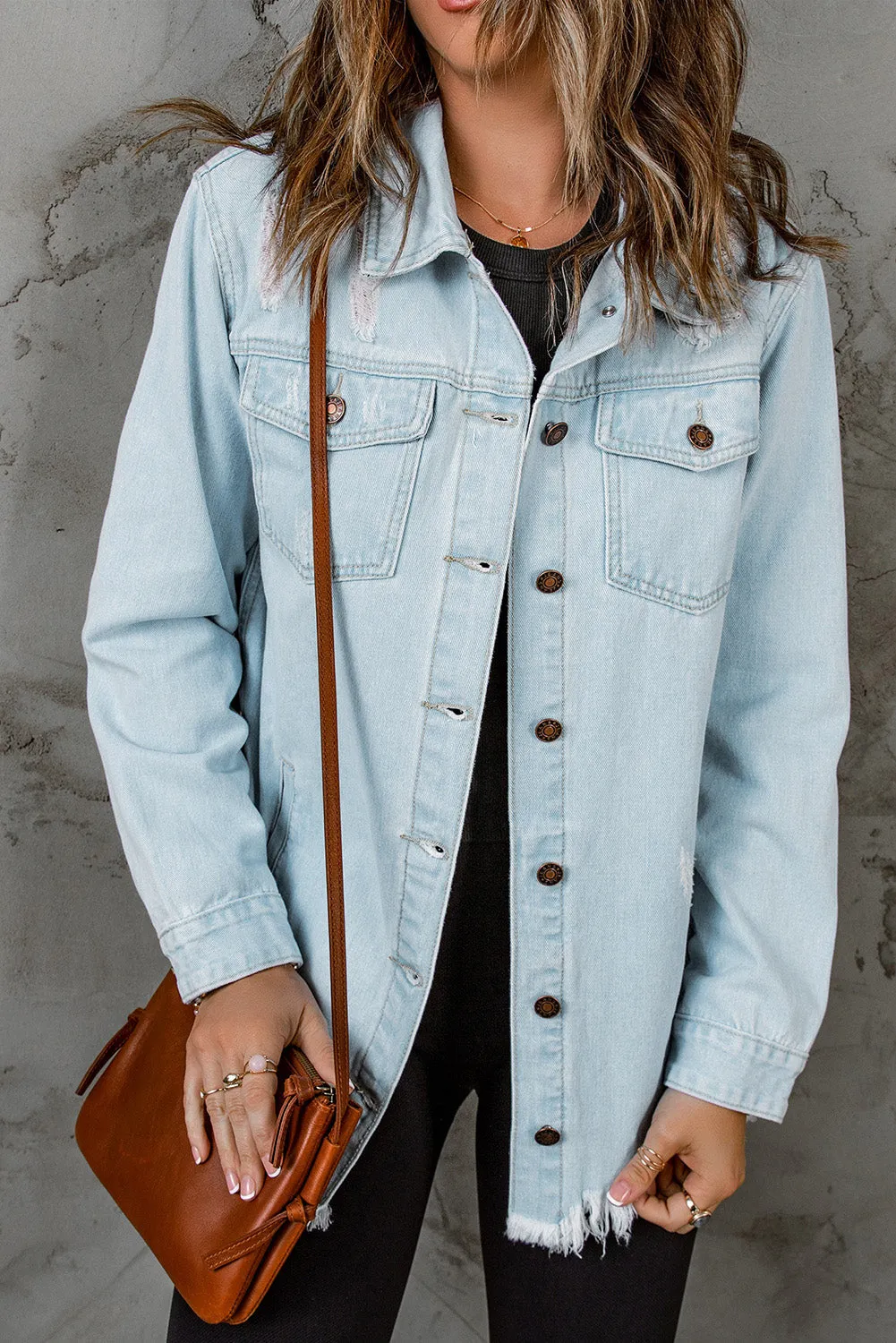 Sky Blue Light Wash Pocketed Distressed Denim Jackets