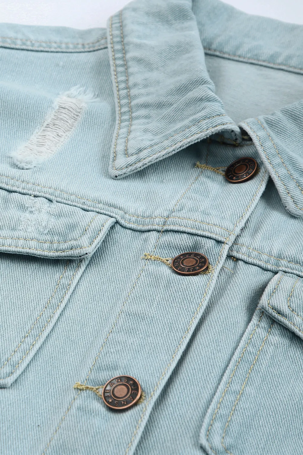 Sky Blue Light Wash Pocketed Distressed Denim Jackets