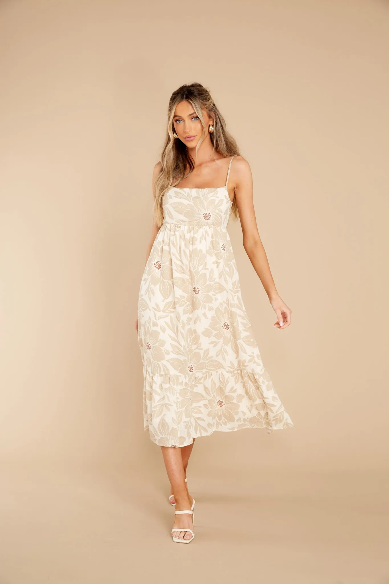 The Sweetest Destination Beige Floral Print Midi Dress