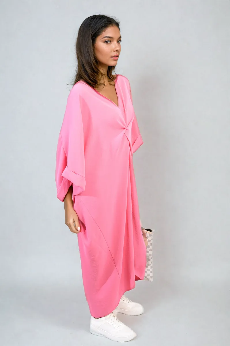 Twist Front Plunge Neckline Relaxed Fit Midi Dress