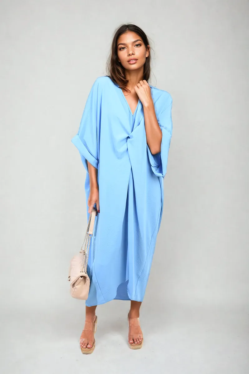 Twist Front Plunge Neckline Relaxed Fit Midi Dress