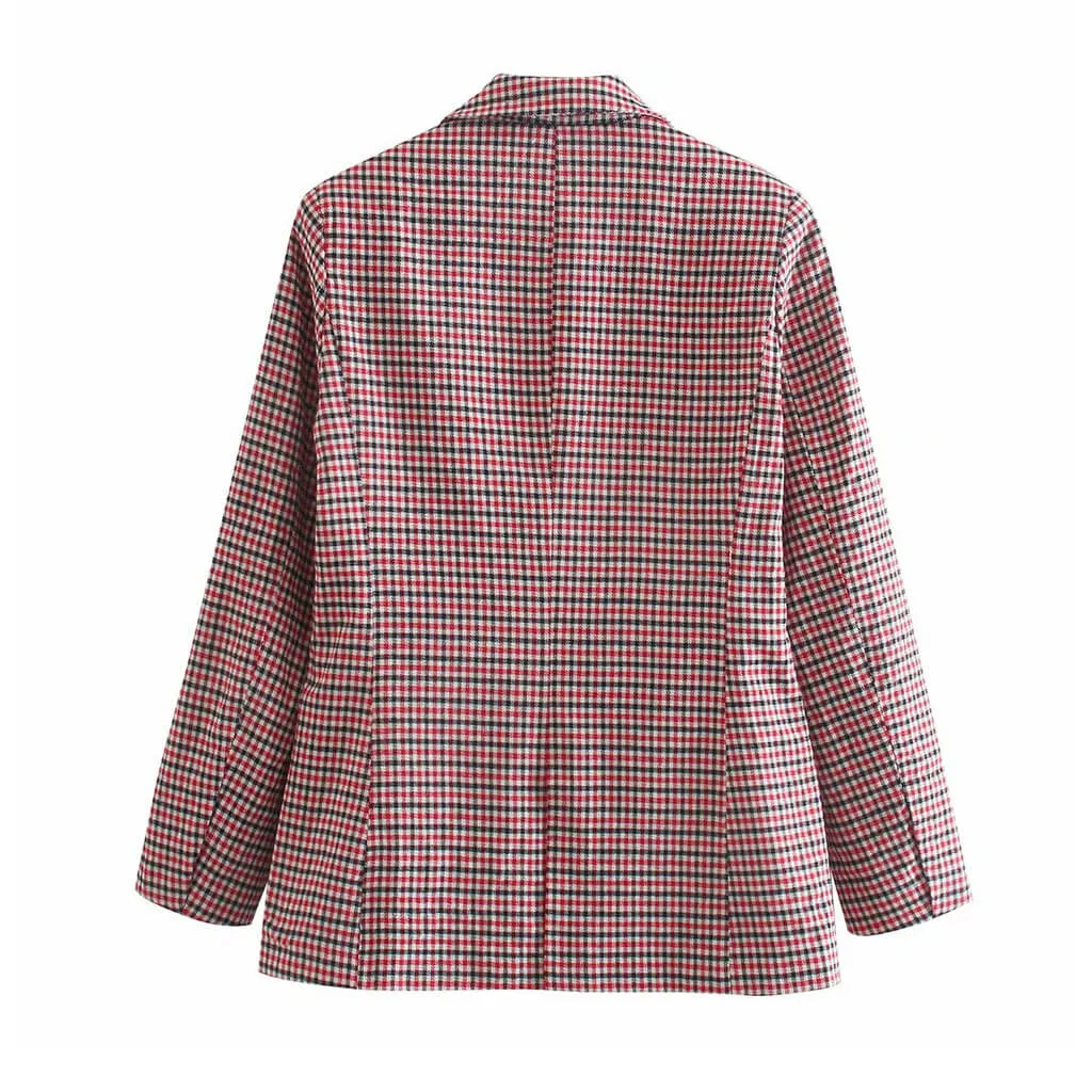 Vintage Double-Breasted Long Sleeve Collared Checked Blazer - Red