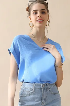 Women's V-Neck Trim Rolled Short Sleeve Shirt